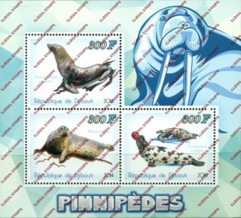 Djibouti 2014 Seals Illegal Stamp Souvenir Sheet of 3 Djibouti 2014 Seals Illegal Stamp Souvenir Sheet of 3