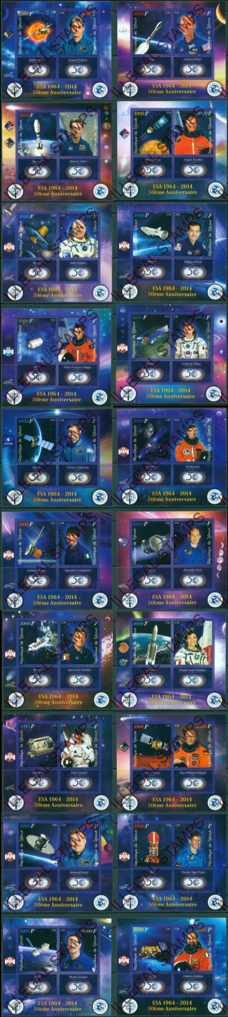 Djibouti 2014 Space ESA Illegal Stamp Souvenir Sheets of 2 Djibouti 2014 Space ESA Illegal Stamp Souvenir Sheets of 2