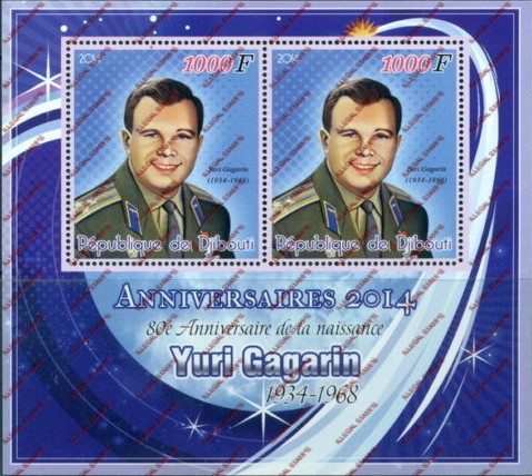 Djibouti 2014 Space Yuri Gagarin Illegal Stamp Souvenir Sheet of 2 Djibouti 2014 Space Yuri Gagarin Illegal Stamp Souvenir Sheet of 2
