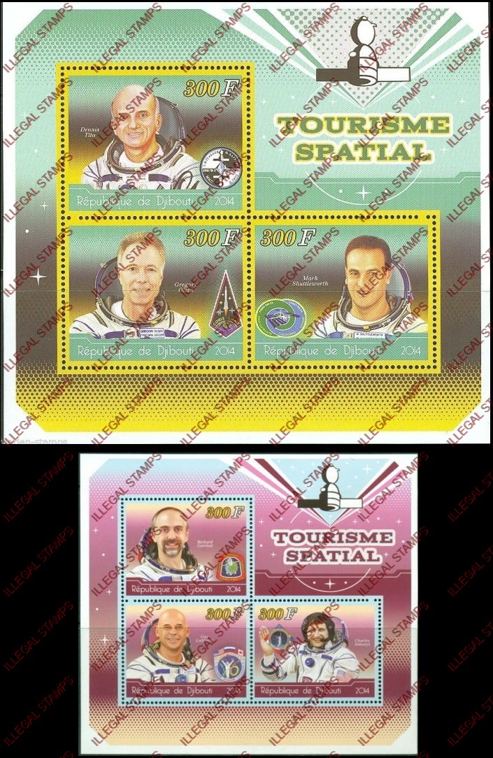Djibouti 2014 Space Tourism Illegal Stamp Souvenir Sheets of 3 Djibouti 2014 Space Tourism Illegal Stamp Souvenir Sheets of 3