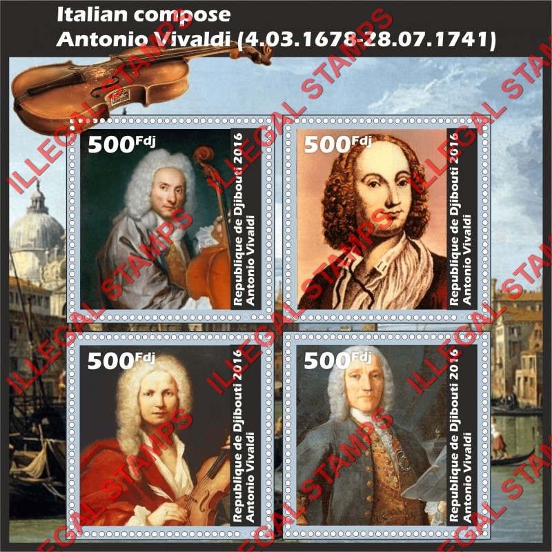 Djibouti 2016 Antonio Vivaldi Italian Composer Illegal Stamp Souvenir Sheet of 4 Djibouti 2016 Antonio Vivaldi Italian Composer Illegal Stamp Souvenir Sheet of 4