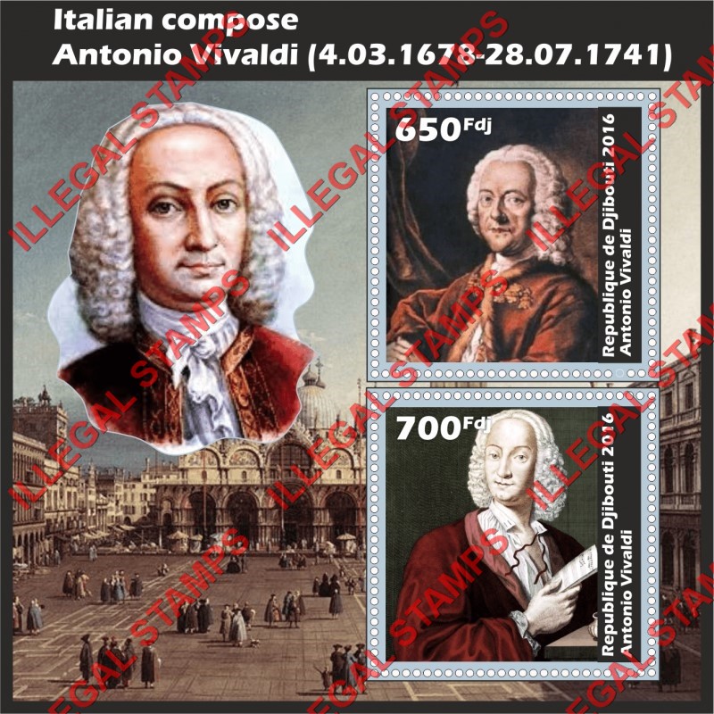 Djibouti 2016 Antonio Vivaldi Italian Composer Illegal Stamp Souvenir Sheet of 2 Djibouti 2016 Antonio Vivaldi Italian Composer Illegal Stamp Souvenir Sheet of 2