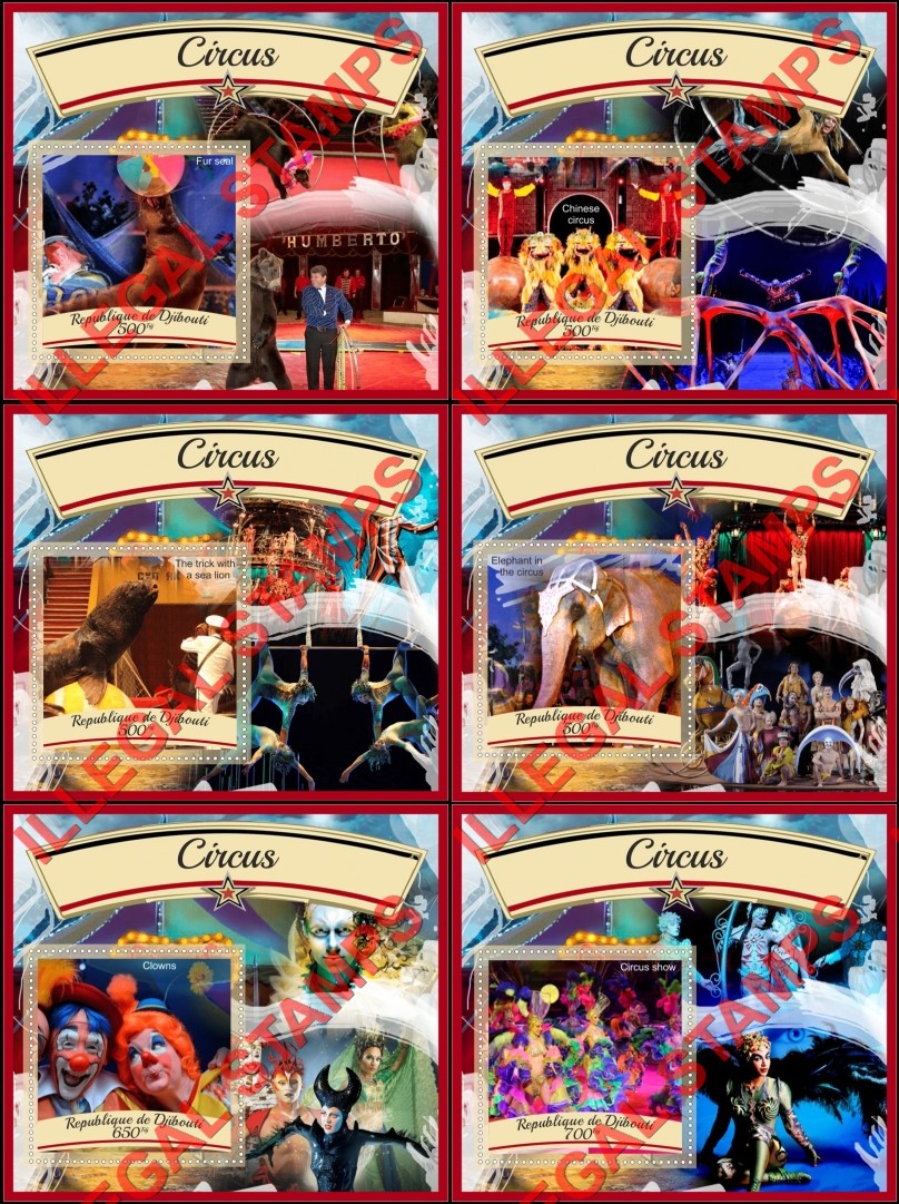 Djibouti 2016 Circus Illegal Stamp Souvenir Sheets of 1 Djibouti 2016 Circus Illegal Stamp Souvenir Sheets of 1