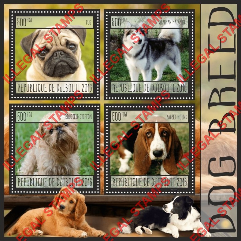 Djibouti 2016 Dogs (different a) Illegal Stamp Souvenir Sheet of 4 Djibouti 2016 Dogs (different a) Illegal Stamp Souvenir Sheet of 4