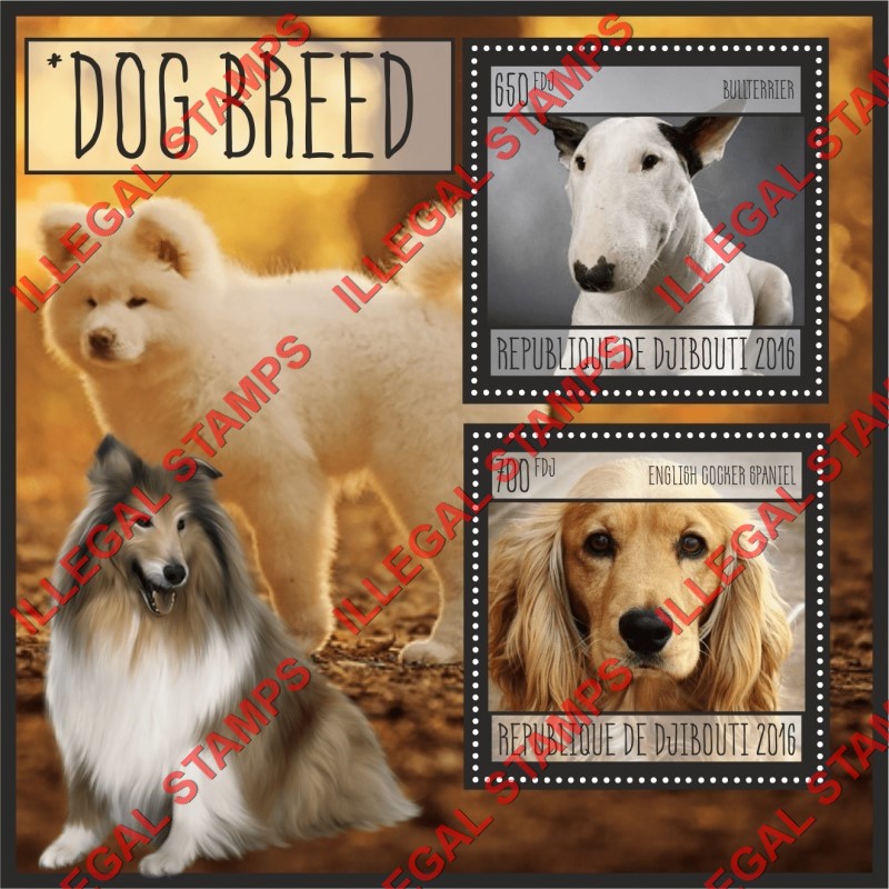 Djibouti 2016 Dogs (different a) Illegal Stamp Souvenir Sheet of 2 Djibouti 2016 Dogs (different a) Illegal Stamp Souvenir Sheet of 2
