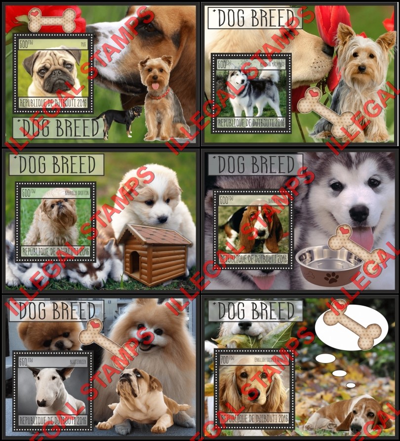 Djibouti 2016 Dogs (different a) Illegal Stamp Souvenir Sheets of 1 Djibouti 2016 Dogs (different a) Illegal Stamp Souvenir Sheets of 1