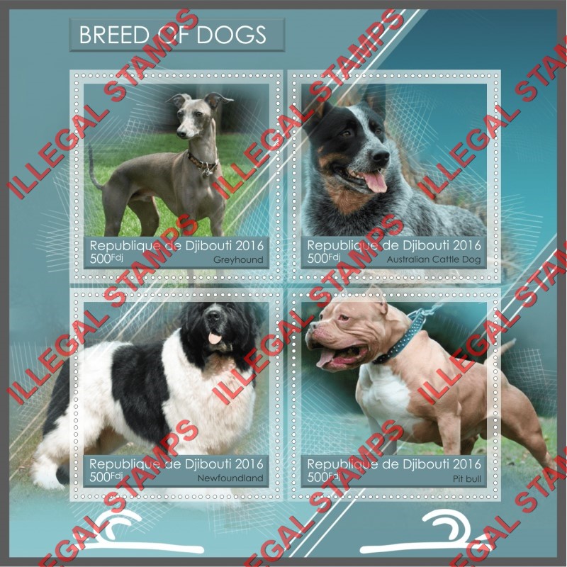 Djibouti 2016 Dogs (different) Illegal Stamp Souvenir Sheet of 4 Djibouti 2016 Dogs (different) Illegal Stamp Souvenir Sheet of 4