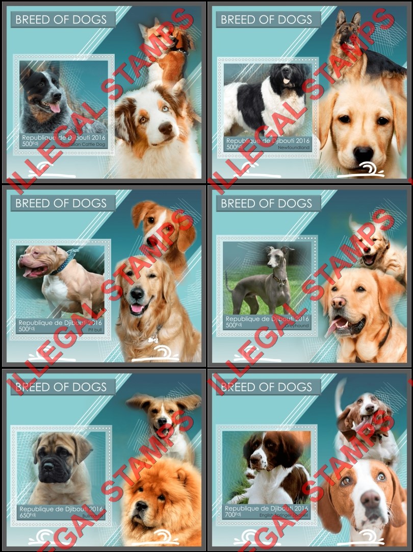Djibouti 2016 Dogs (different) Illegal Stamp Souvenir Sheets of 1 Djibouti 2016 Dogs (different) Illegal Stamp Souvenir Sheets of 1