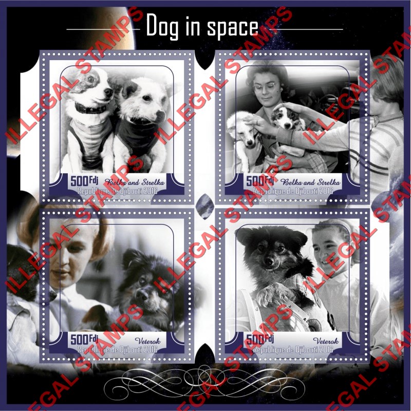Djibouti 2016 Dogs in Space Illegal Stamp Souvenir Sheet of 4 Djibouti 2016 Dogs in Space Illegal Stamp Souvenir Sheet of 4