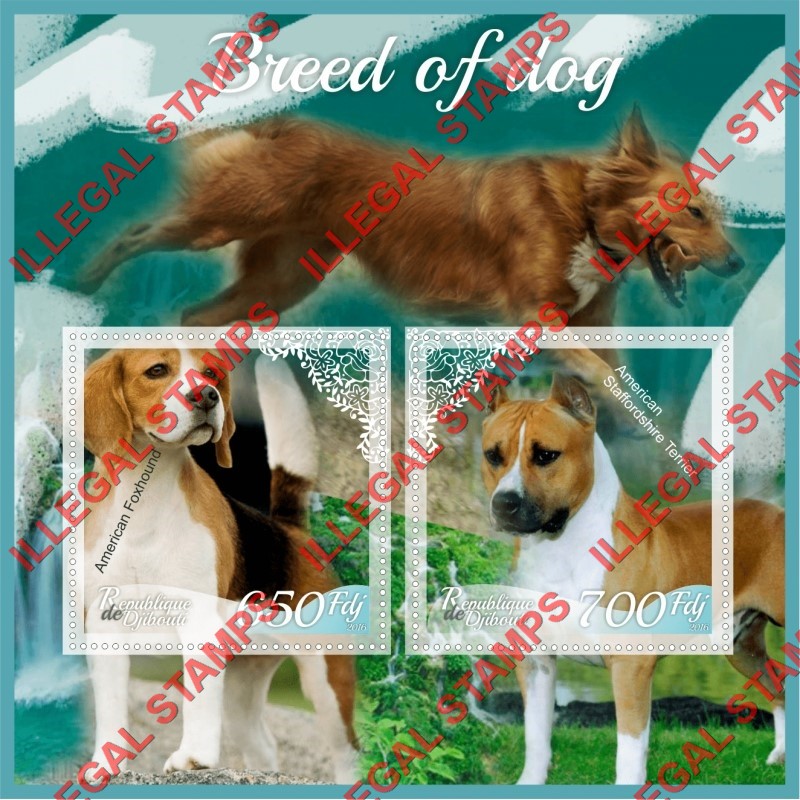 Djibouti 2016 Dogs Illegal Stamp Souvenir Sheet of 2 Djibouti 2016 Dogs Illegal Stamp Souvenir Sheet of 2