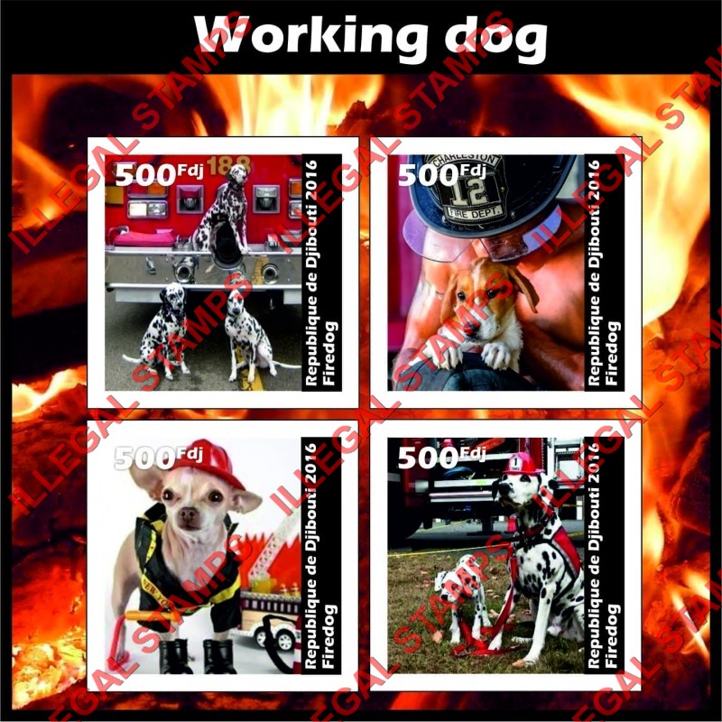 Djibouti 2016 Dogs Working Dogs Fire Dogs Illegal Stamp Souvenir Sheet of 4 Djibouti 2016 Dogs Working Dogs Fire Dogs Illegal Stamp Souvenir Sheet of 4