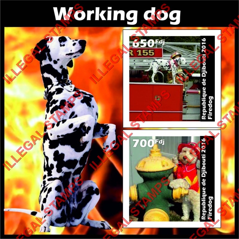 Djibouti 2016 Dogs Working Dogs Fire Dogs Illegal Stamp Souvenir Sheet of 2 Djibouti 2016 Dogs Working Dogs Fire Dogs Illegal Stamp Souvenir Sheet of 2