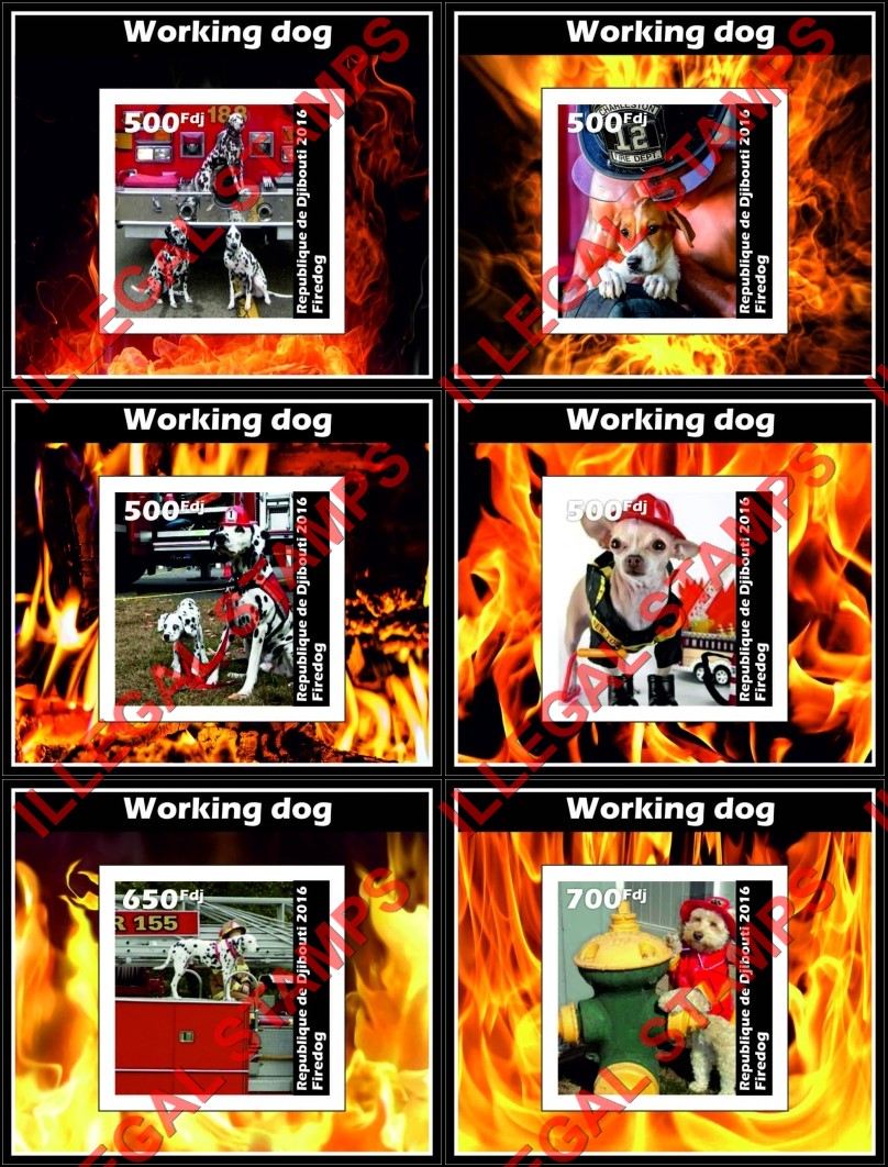 Djibouti 2016 Dogs Working Dogs Fire Dogs Illegal Stamp Souvenir Sheets of 1 Djibouti 2016 Dogs Working Dogs Fire Dogs Illegal Stamp Souvenir Sheets of 1