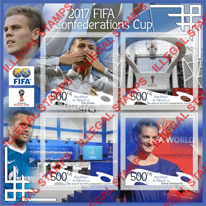 Djibouti 2016 FIFA Soccer Confederations Cup in 2017 and World Cup in Russia 2018 Illegal Stamp Souvenir Sheet of 4 Djibouti 2016 FIFA Soccer Confederations Cup in 2017 and World Cup in Russia 2018 Illegal Stamp Souvenir Sheet of 4