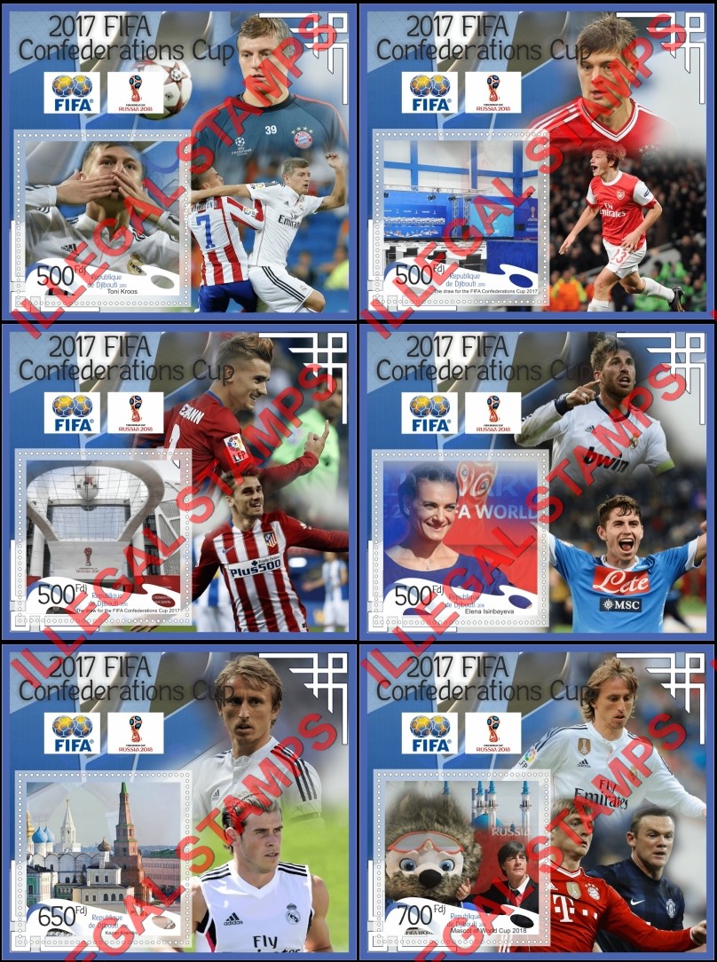 Djibouti 2016 FIFA Soccer Confederations Cup in 2017 and World Cup in Russia 2018 Illegal Stamp Souvenir Sheets of 1 Djibouti 2016 FIFA Soccer Confederations Cup in 2017 and World Cup in Russia 2018 Illegal Stamp Souvenir Sheets of 1