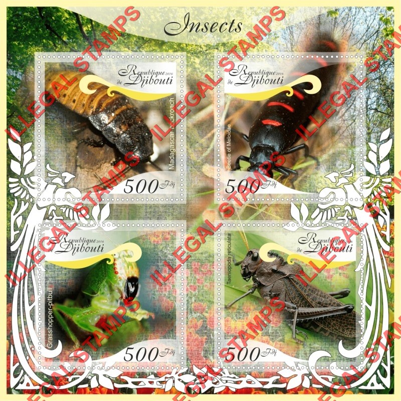 Djibouti 2016 Insects Illegal Stamp Souvenir Sheet of 4 Djibouti 2016 Insects Illegal Stamp Souvenir Sheet of 4