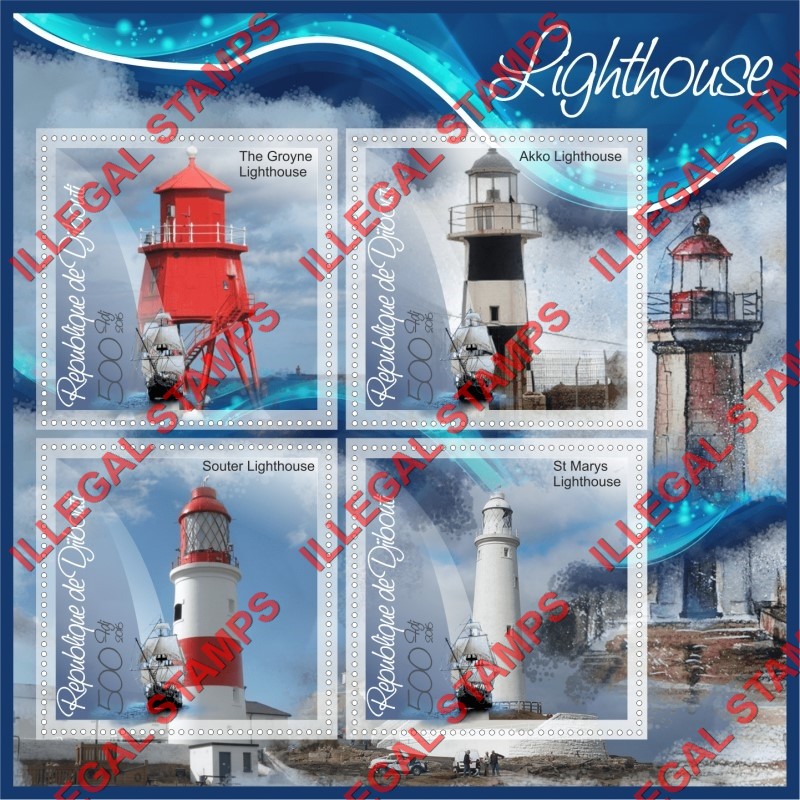 Djibouti 2016 Lighthouses Illegal Stamp Souvenir Sheet of 4 Djibouti 2016 Lighthouses Illegal Stamp Souvenir Sheet of 4