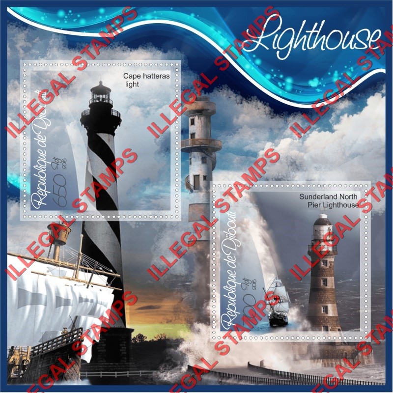 Djibouti 2016 Lighthouses Illegal Stamp Souvenir Sheet of 2 Djibouti 2016 Lighthouses Illegal Stamp Souvenir Sheet of 2