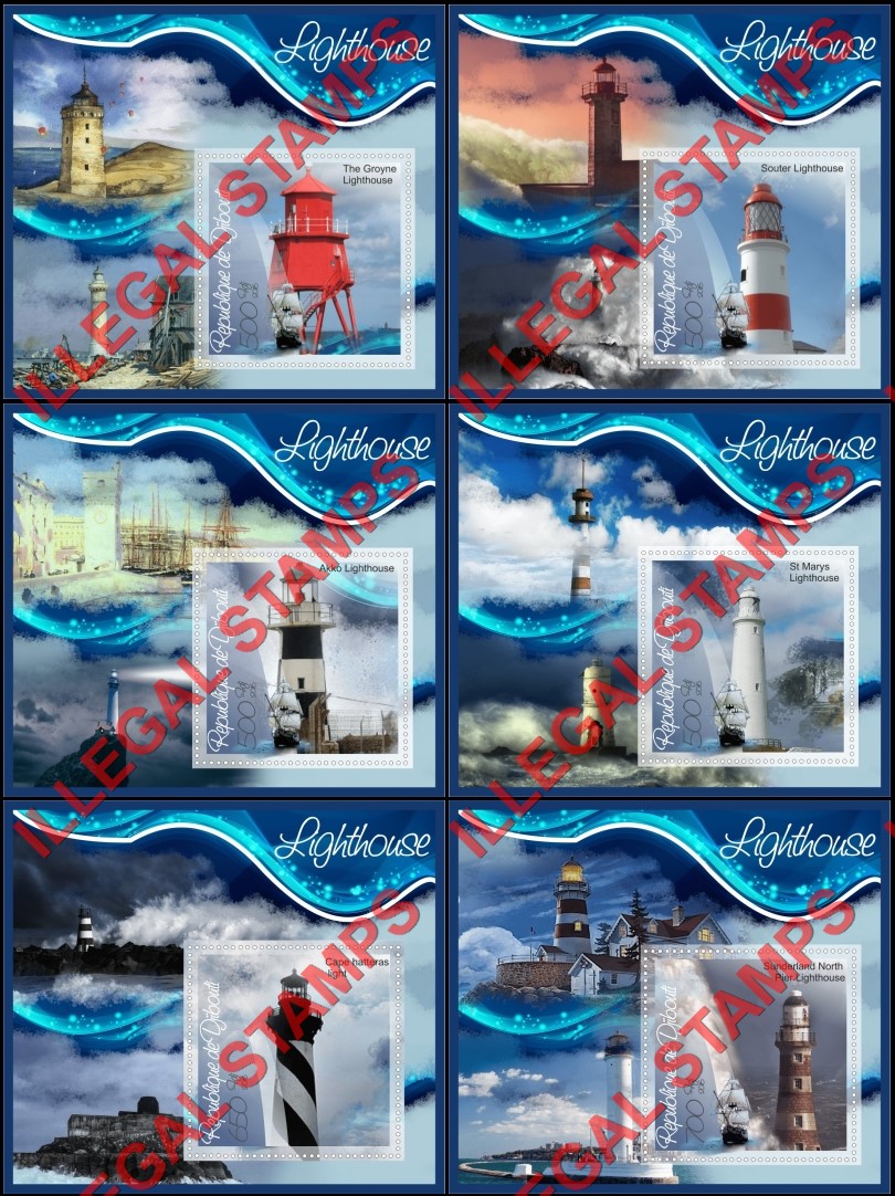 Djibouti 2016 Lighthouses Illegal Stamp Souvenir Sheets of 1 Djibouti 2016 Lighthouses Illegal Stamp Souvenir Sheets of 1
