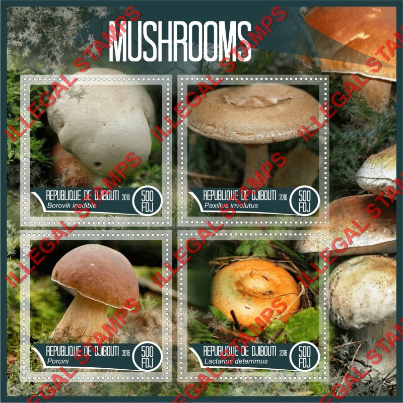 Djibouti 2016 Mushrooms Illegal Stamp Souvenir Sheet of 4 Djibouti 2016 Mushrooms Illegal Stamp Souvenir Sheet of 4