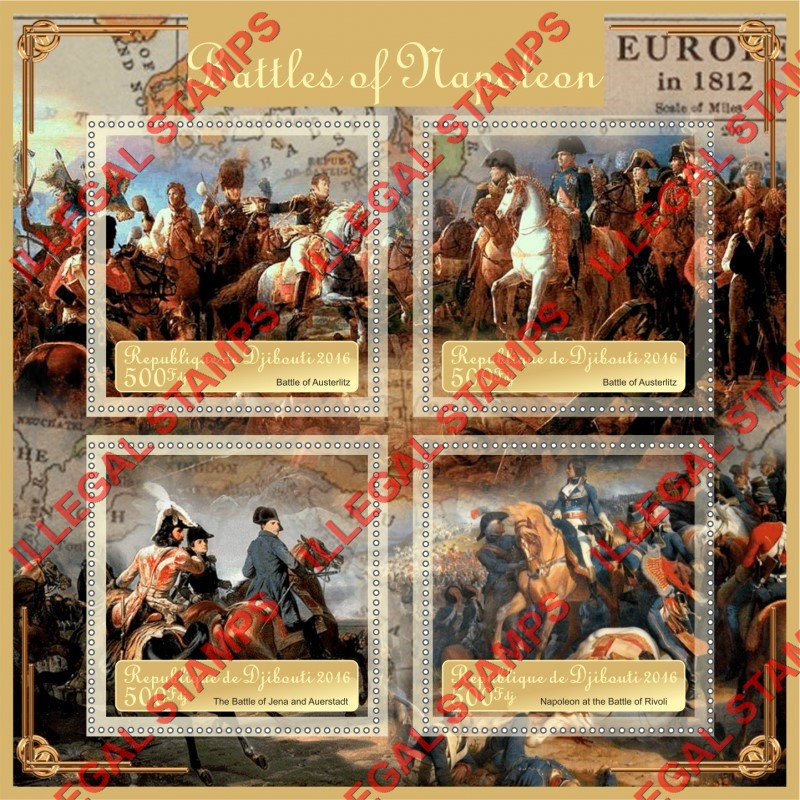Djibouti 2016 Napoleon Battles Illegal Stamp Souvenir Sheet of 4 Djibouti 2016 Napoleon Battles Illegal Stamp Souvenir Sheet of 4