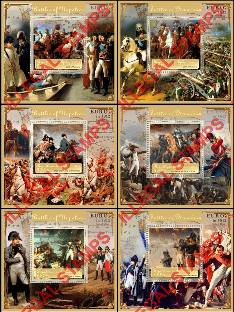 Djibouti 2016 Napoleon Battles Illegal Stamp Souvenir Sheets of 1 Djibouti 2016 Napoleon Battles Illegal Stamp Souvenir Sheets of 1