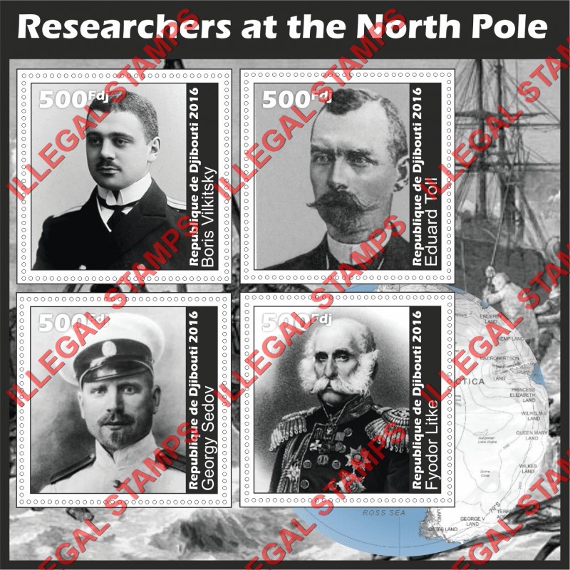 Djibouti 2016 North Pole Researchers Illegal Stamp Souvenir Sheet of 4 Djibouti 2016 North Pole Researchers Illegal Stamp Souvenir Sheet of 4