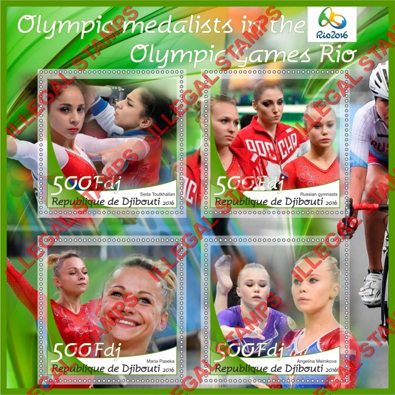 Djibouti 2016 Olympic Medalists in Rio Illegal Stamp Souvenir Sheet of 4 Djibouti 2016 Olympic Medalists in Rio Illegal Stamp Souvenir Sheet of 4