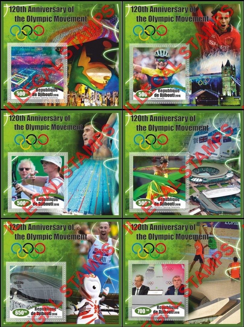 Djibouti 2016 Olympic Movement Illegal Stamp Souvenir Sheets of 1 Djibouti 2016 Olympic Movement Illegal Stamp Souvenir Sheets of 1