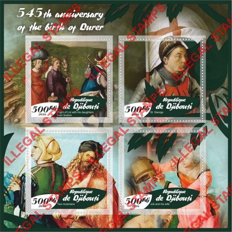 Djibouti 2016 Paintings by Albrecht Durer Illegal Stamp Souvenir Sheet of 4 Djibouti 2016 Paintings by Albrecht Durer Illegal Stamp Souvenir Sheet of 4