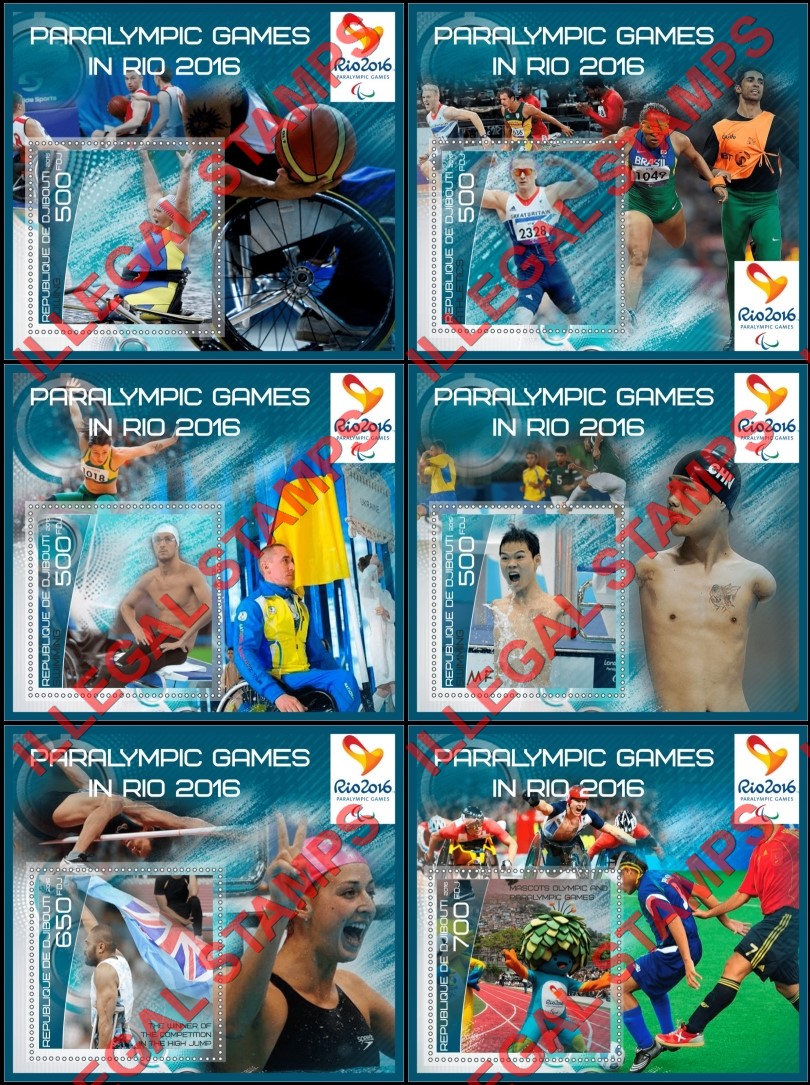 Djibouti 2016 Paralympic Games in Rio Illegal Stamp Souvenir Sheets of 1 Djibouti 2016 Paralympic Games in Rio Illegal Stamp Souvenir Sheets of 1