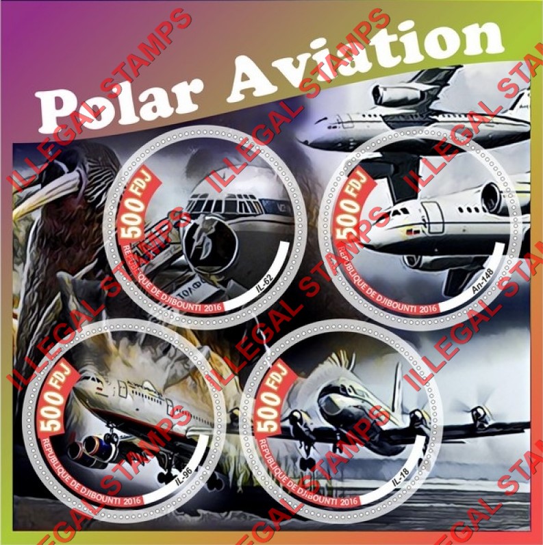 Djibouti 2016 Polar Aviation Illegal Stamp Souvenir Sheet of 4 Djibouti 2016 Polar Aviation Illegal Stamp Souvenir Sheet of 4