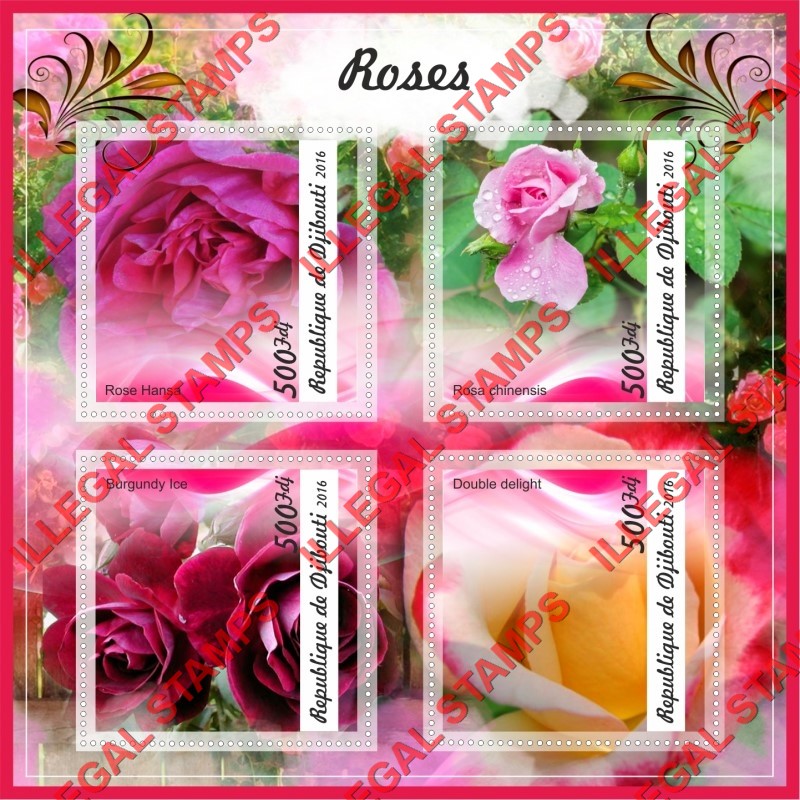Djibouti 2016 Roses Flowers Illegal Stamp Souvenir Sheet of 4 Djibouti 2016 Roses Flowers Illegal Stamp Souvenir Sheet of 4