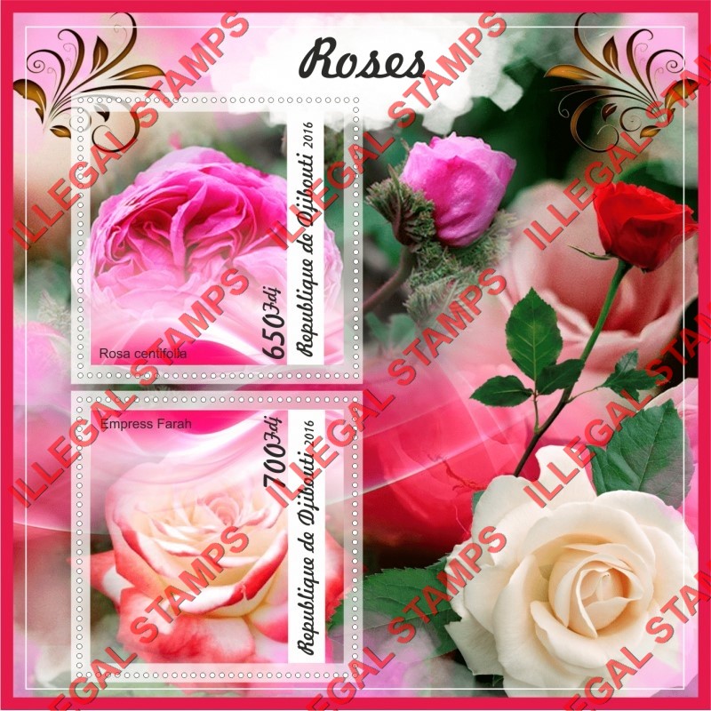 Djibouti 2016 Roses Flowers Illegal Stamp Souvenir Sheet of 2 Djibouti 2016 Roses Flowers Illegal Stamp Souvenir Sheet of 2