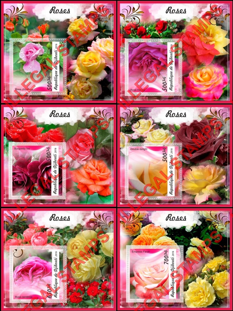Djibouti 2016 Roses Flowers Illegal Stamp Souvenir Sheets of 1 Djibouti 2016 Roses Flowers Illegal Stamp Souvenir Sheets of 1
