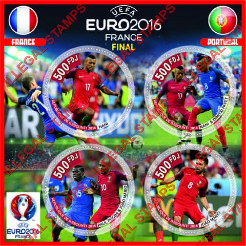 Djibouti 2016 Soccer UEFA EURO France Final Illegal Stamp Souvenir Sheet of 4 Djibouti 2016 Soccer UEFA EURO France Final Illegal Stamp Souvenir Sheet of 4