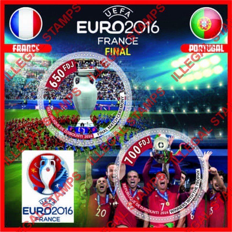 Djibouti 2016 Soccer UEFA EURO France Final Illegal Stamp Souvenir Sheet of 2 Djibouti 2016 Soccer UEFA EURO France Final Illegal Stamp Souvenir Sheet of 2