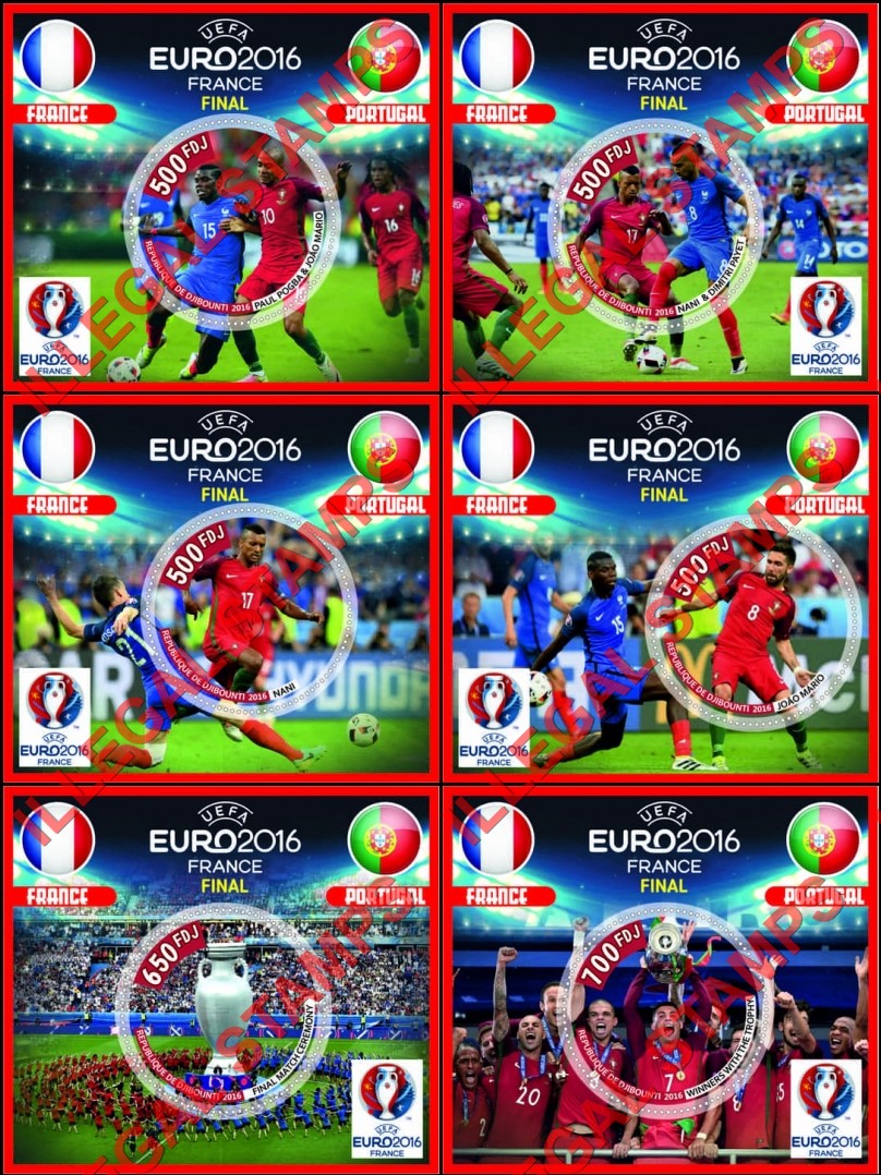 Djibouti 2016 Soccer UEFA EURO France Final Illegal Stamp Souvenir Sheets of 1 Djibouti 2016 Soccer UEFA EURO France Final Illegal Stamp Souvenir Sheets of 1