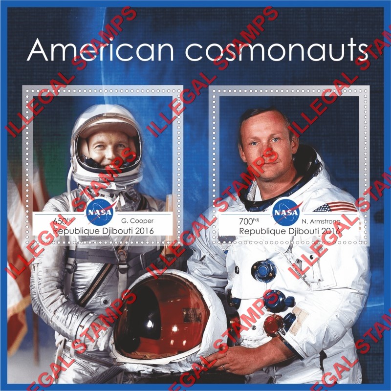 Djibouti 2016 Space American Cosmonauts Illegal Stamp Souvenir Sheet of 2 Djibouti 2016 Space American Cosmonauts Illegal Stamp Souvenir Sheet of 2