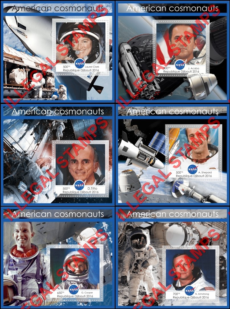Djibouti 2016 Space American Cosmonauts Illegal Stamp Souvenir Sheets of 1 Djibouti 2016 Space American Cosmonauts Illegal Stamp Souvenir Sheets of 1