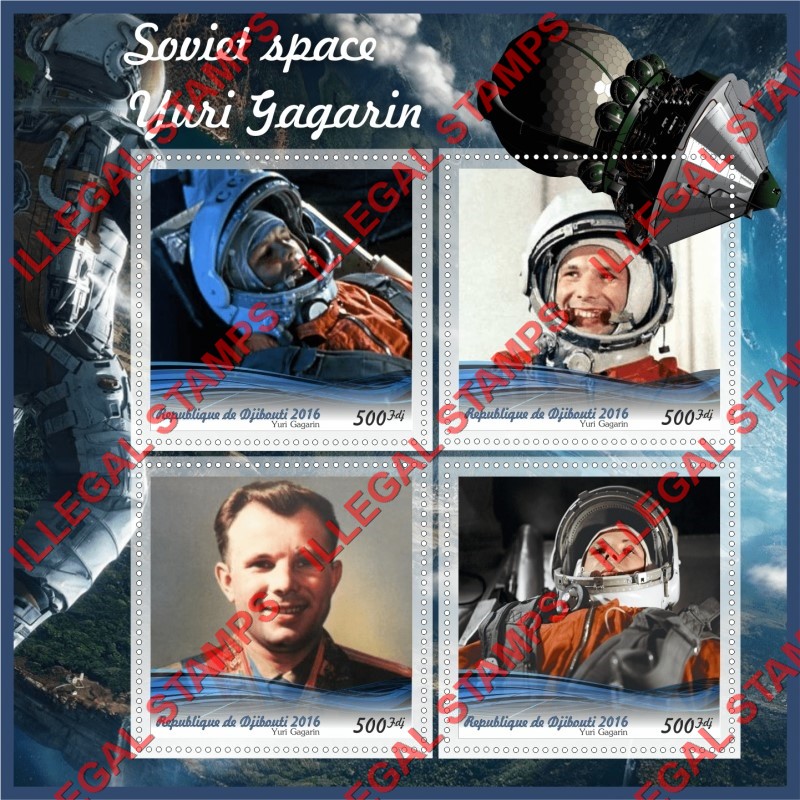 Djibouti 2016 Space Yuri Gagarin Illegal Stamp Souvenir Sheet of 4 Djibouti 2016 Space Yuri Gagarin Illegal Stamp Souvenir Sheet of 4