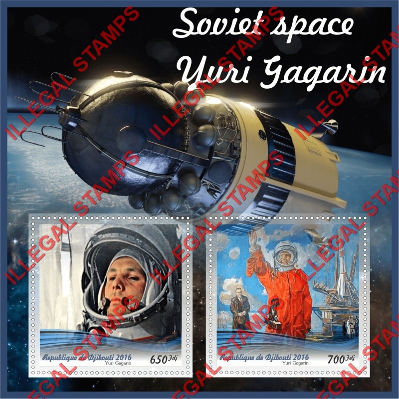 Djibouti 2016 Space Yuri Gagarin Illegal Stamp Souvenir Sheet of 2 Djibouti 2016 Space Yuri Gagarin Illegal Stamp Souvenir Sheet of 2