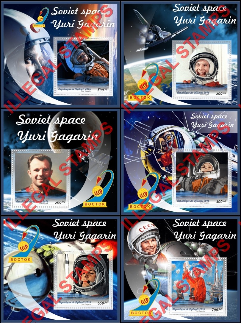 Djibouti 2016 Space Yuri Gagarin Illegal Stamp Souvenir Sheets of 1 Djibouti 2016 Space Yuri Gagarin Illegal Stamp Souvenir Sheets of 1