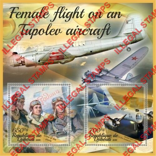 Djibouti 2016 Female Flight on a Tupolev Aircraft Illegal Stamp Souvenir Sheet of 2 Djibouti 2016 Female Flight on a Tupolev Aircraft Illegal Stamp Souvenir Sheet of 2