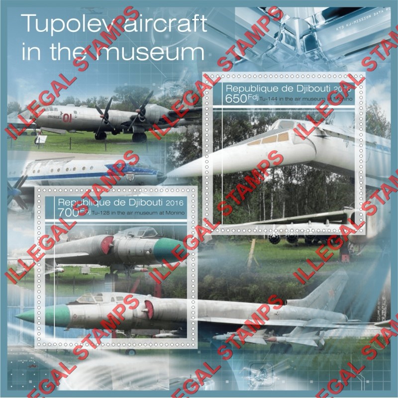 Djibouti 2016 Tupolev Aircraft in the Air Museum in Monino Illegal Stamp Souvenir Sheet of 2 Djibouti 2016 Tupolev Aircraft in the Air Museum in Monino Illegal Stamp Souvenir Sheet of 2