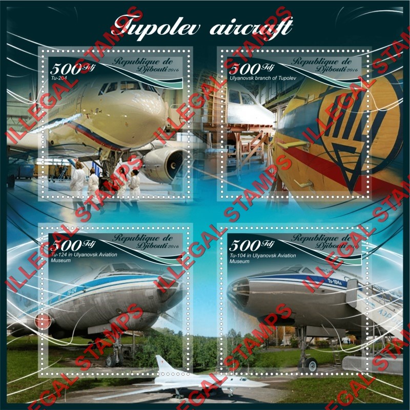 Djibouti 2016 Tupolev Aircraft Illegal Stamp Souvenir Sheet of 4 Djibouti 2016 Tupolev Aircraft Illegal Stamp Souvenir Sheet of 4