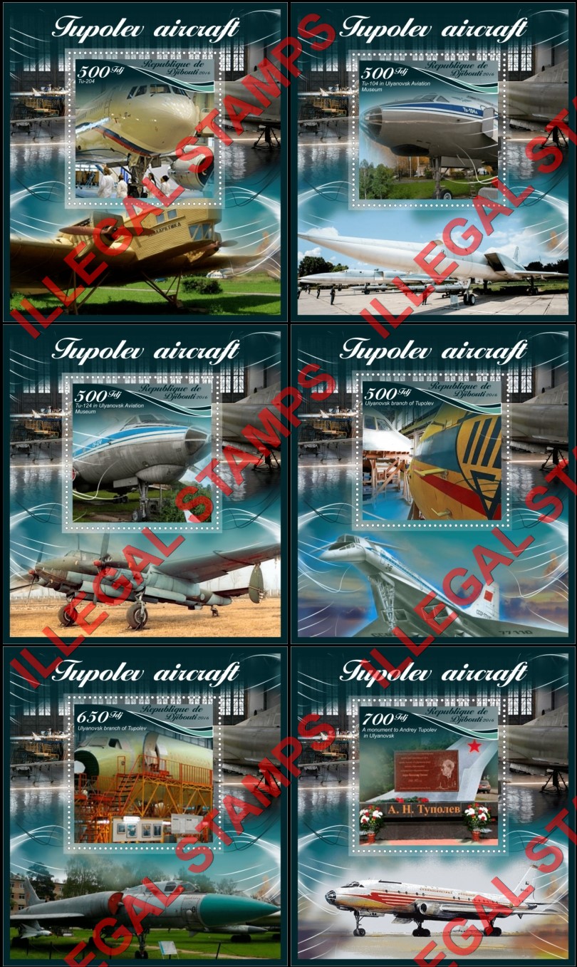 Djibouti 2016 Tupolev Aircraft Illegal Stamp Souvenir Sheets of 1 Djibouti 2016 Tupolev Aircraft Illegal Stamp Souvenir Sheets of 1