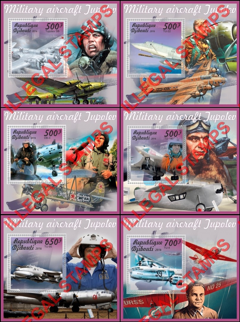 Djibouti 2016 Tupolev Military Aircraft Illegal Stamp Souvenir Sheets of 1 Djibouti 2016 Tupolev Military Aircraft Illegal Stamp Souvenir Sheets of 1