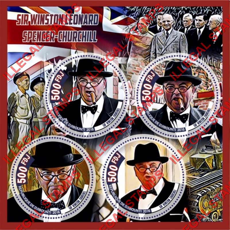 Djibouti 2016 Winston Churchill Illegal Stamp Souvenir Sheet of 4 Djibouti 2016 Winston Churchill Illegal Stamp Souvenir Sheet of 4