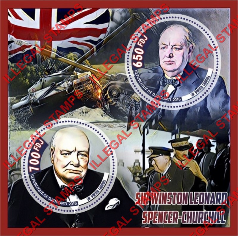 Djibouti 2016 Winston Churchill Illegal Stamp Souvenir Sheet of 2 Djibouti 2016 Winston Churchill Illegal Stamp Souvenir Sheet of 2